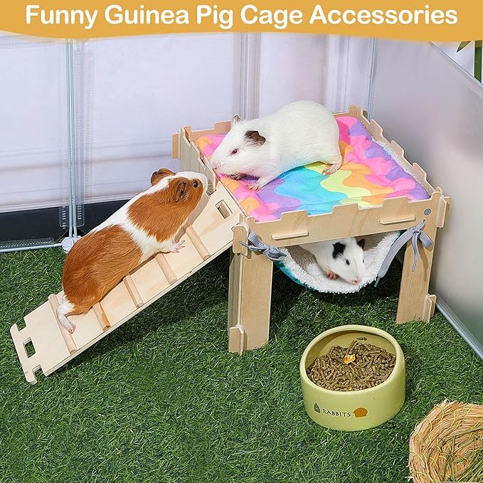 Guinea Pig Hideout with Hammock, Soft Guinea Pigs Hammock Wooden Guinea Piggy House with Stairs Large Guinea Pig Toys fit Guinea Pigs Cages Accessories for Small Animals