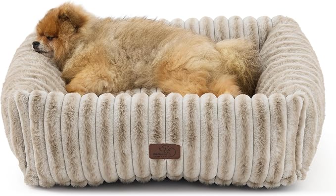 Bedsure ComfyFleece™ Cute Dog Bed for Small Medium Dogs - Washable Furry Puppy Beds, Rectangle Orthopedic Corduroy Fleece Pet Beds with Removable Zipper Cover, 25x21x7inches, Amphora