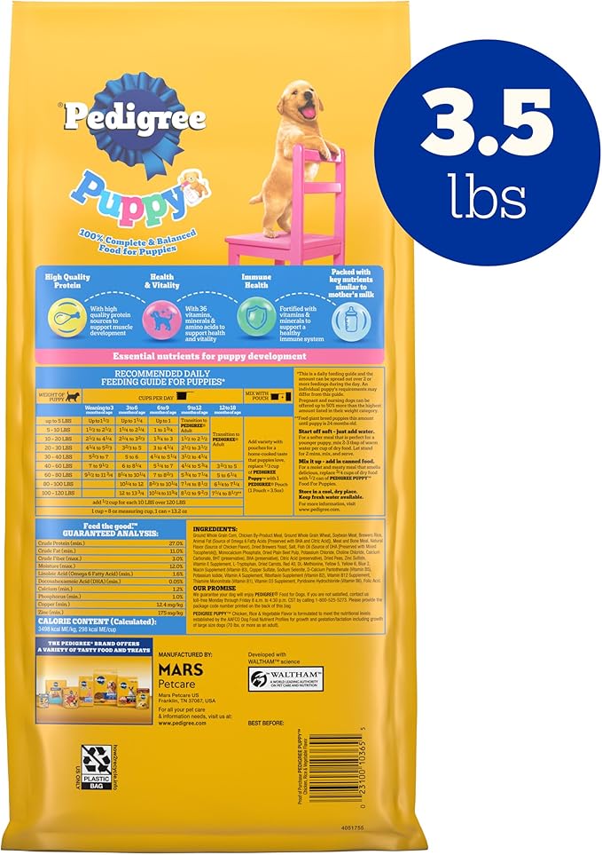 Pedigree Dry Puppy Food, Puppy Dry Food with Chicken, Rice, and Vegetable Flavor, 3.5 lb. Bag