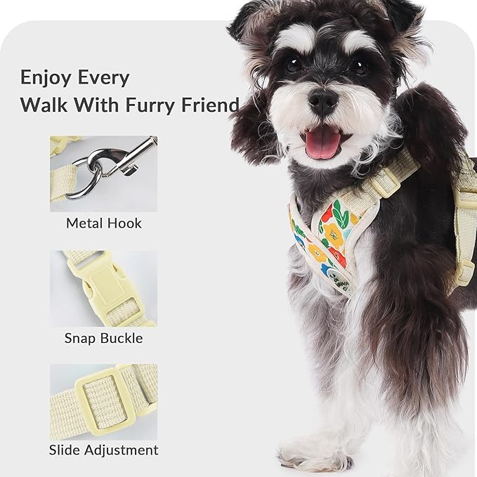 Patas Lague Dog Harness with Leash Set Adjustable Soft Padded Step-in Dog Vest No Choke No Pull Reflective for Small Pets with Poop Bags and Dispenser, Solid and No-chew, Floral Yellow XS