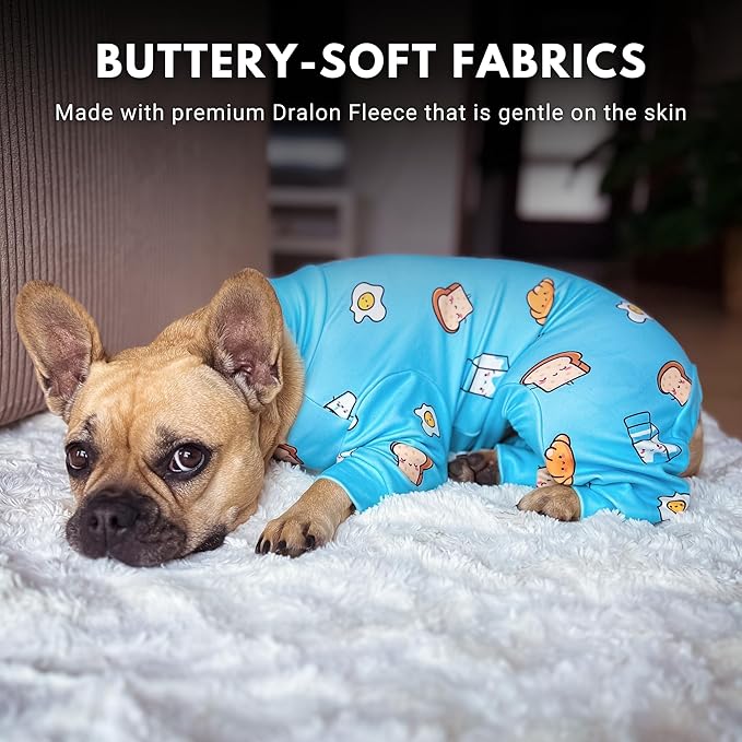 Spark Paws Dog Pajama, Dog Recovery Suit Male, Onesie, Ultra-Soft and 4-Way Stretch, for Small Medium and Large Breeds - Breakfast Blue - S