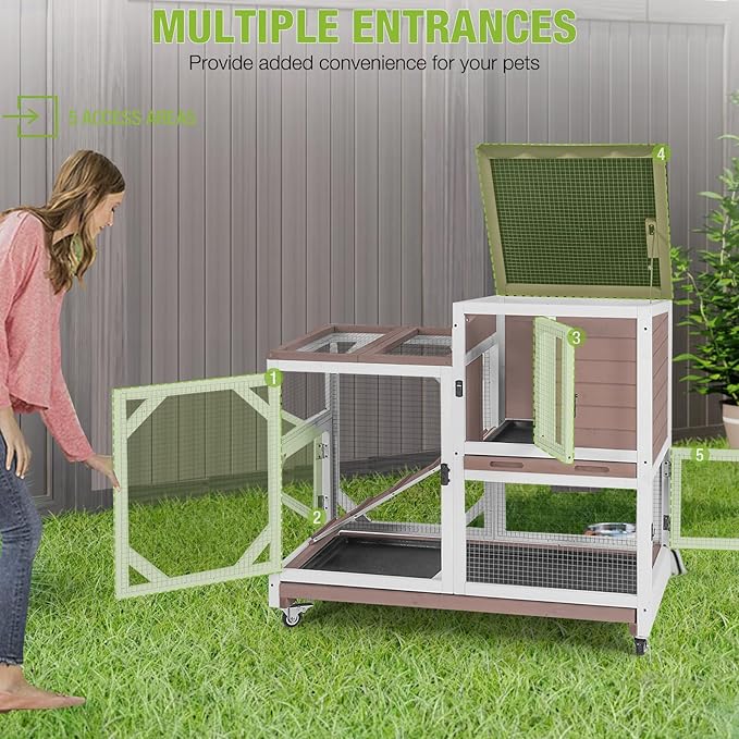 GUTINNEEN Rabbit Cage Outdoor with Pull Out Tray Rabbit Hutch Indoor Bunny Cage on Wheels 2 Story Bunny Hutch No Leakage Guinea Pig Cage