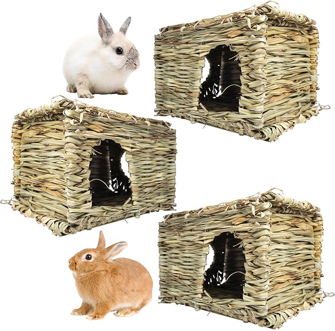 Hamiledyi 3PCS Grass House for Rabbit, Edible Bunny Hut Natural Grass Woven Foldable Pet Play Hideaway Hay Mat Chew Toys for Guinea Pig Hamster Chinchilla, Safe Cozy Sleep 11.8x7.87x7.87 inches