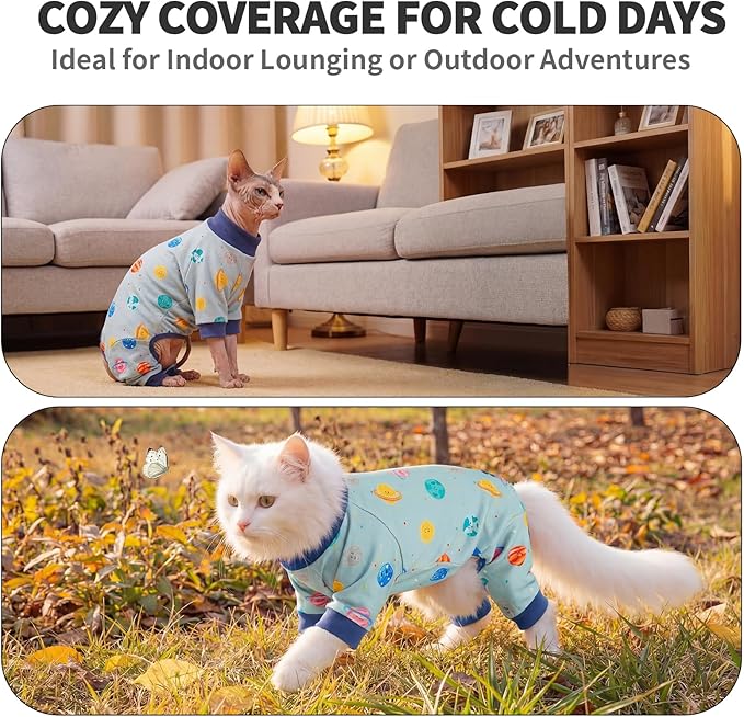 Sticky Hair Cat Clothes, Anti-Shedding Cat Pajamas, Post-Surgery Recovery Onesie, Soft Breathable, Prevents Licking & Scratching Wounds, Warm Cats Sweater, Sphynx Cats Clothing- Blue S