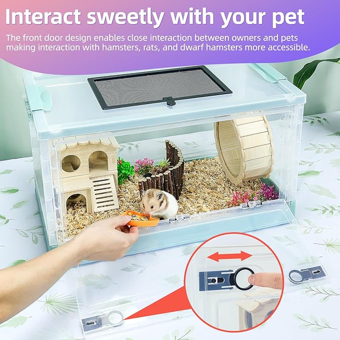 Hamsters Cage Large, Foldable Portable 360° Viewing Ventilated Cages with Villas, Exercise Wheels, for Hamsters, Rats, Dwarf Hamsters, Gerbils, Guinea Pigs Blue 16" L x 12" W x 9.5" H