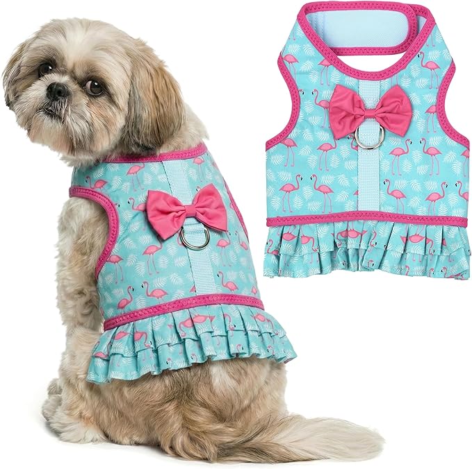 Parisian Pet Flamingo Dog Harness Dress - Breathable No Pull Puppy Dress with Leash Ring - 100% Mesh Fabric Harnesses for Dogs - Soft Padded Step in Pet Vest - Dog Harness Medium Sized Dogs