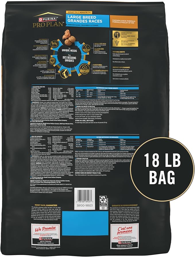Purina Pro Plan Large Breed Adult 7 Plus Shredded Blend Chicken and Rice Formula Senior Dog Food - 18 lb. Bag