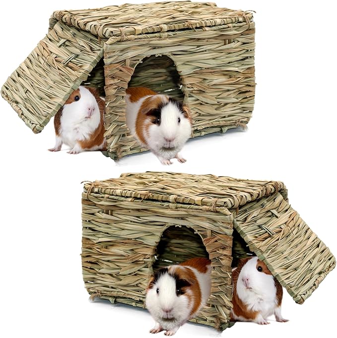 BWOGUE Large Grass House for Guinea Pigs,Hand Woven Straw Hut Foldable Small Animal Play Hideaway Bed with Double Openings Playhouse for Bunny Guinea Pig Chinchilla Ferret(2 Pack)