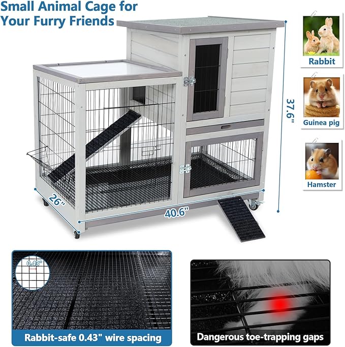 FunXplore 2-Tier Rabbit Hutch, Indoor & Outdoor Mobile Bunny Cage with Urine Guards, Weatherproof Asphalt Roof, 2 Pull Out Trays, Sturdy Small Animal Cage for Guinea Pig