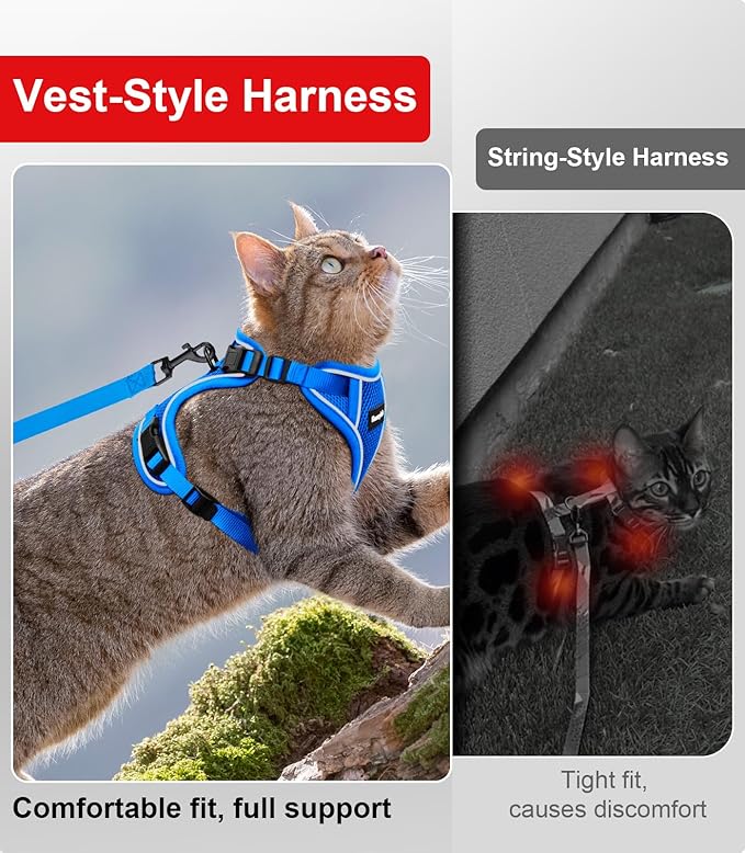 Cat Harness and Leash for Walking Escape Proof Soft Adjustable Cat Leash Breathable Comfortable Vest Easy to Wear Kitten Harness for Outdoor Travel (Blue, M (13-18lb))