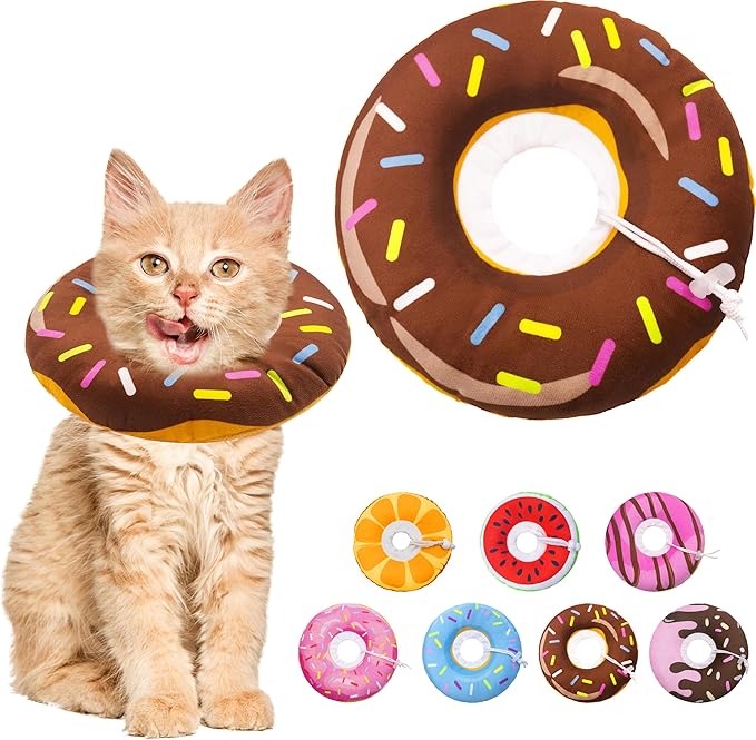 Seyezo Cat Cone Collar Soft, Adjustable Cat Recovery Collars Spay Cone to Stop Licking, Cute Donut E Collar After Surgery, Wound Healing Elizabethan Collar for Kittens (Donut Brown, Small)