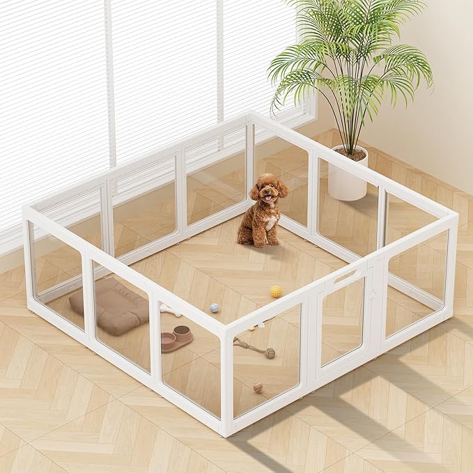 Clear Acrylic Dog Playpen Indoor, Puppy Cat Small Pet Play Pen, Pet Cat Playpen for Rabbits, Dog Fence Crate Kennel Whelping Cage (30", White, 12 Panel)