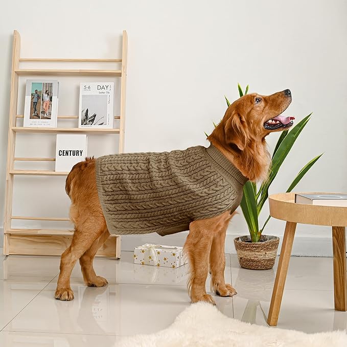 2 Pack Dog Sweaters for Large Dogs Winter Turtleneck Pullover Cable Knit Fleece Stretch Pitbull Labrador Golden Retriever Doberman Bulldog Boy Girl Pet Clothes (XXL, Green & Brown)