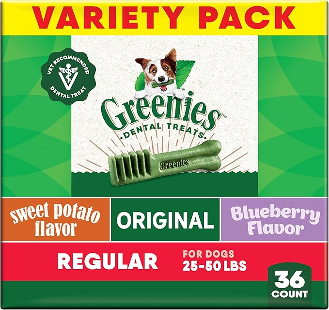 Greenies Veterinarian-Recommended Natural Dental Dog Treats, Dental Chews for Dogs, Regular Size, Variety Pack, (3) 12 oz. Packs, 36 Count