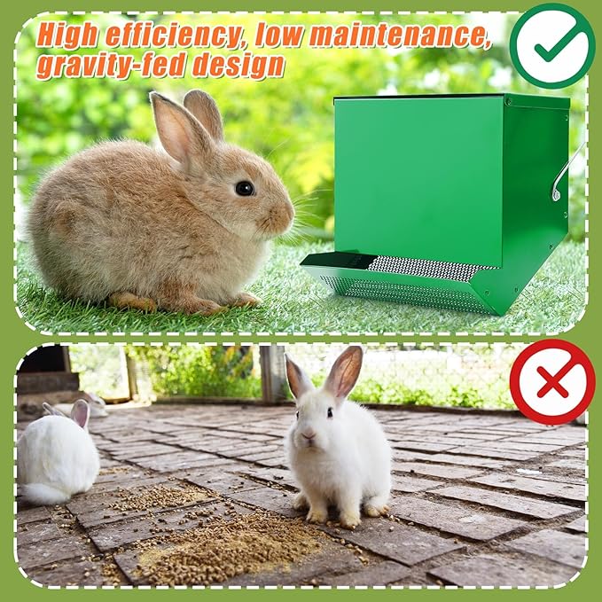 Maxcheck No-Waste Metal Rabbit Feeder for Cages, Large Hanging Food Dispenser with Mesh Bottom & Lid, Holds 5lb Feed for Several Days, Bunny & Small Pets