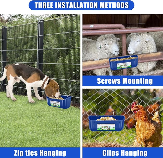 Chicken Feeder Waterer, 3 Pack Duck Feeder Supplies, Hanging Fence Feed Trough with Clips for Goat, Sheeple, Piglet, Gooses, Turkeys, Dog Livestock Poultry, Blue