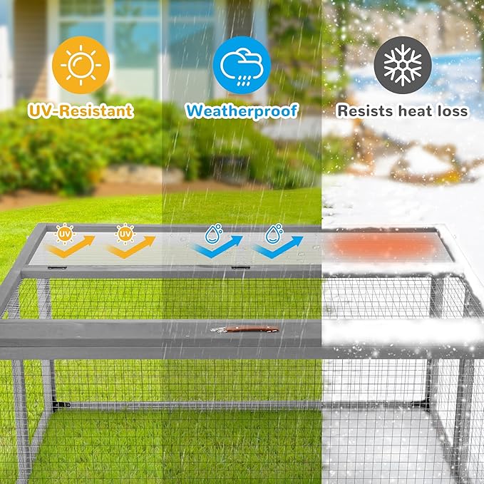 Portable Chicken Coop with UV-Proof Panel, 4X Garden Stakes, Wooden Rabbit Hutch, Chicken Brooder Box Indoor, Outdoor Folding Chicken Cage, Top & Side Openable Doors, 43.3Inch (Gray)