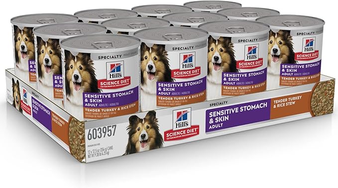 Hill's Science Diet Adult 1-6 Sensitive Stomach & Sensitive Skin Wet Dog Food, Tender Turkey & Rice Stew in Gravy, 12.5 oz. Cans, 12-Pack