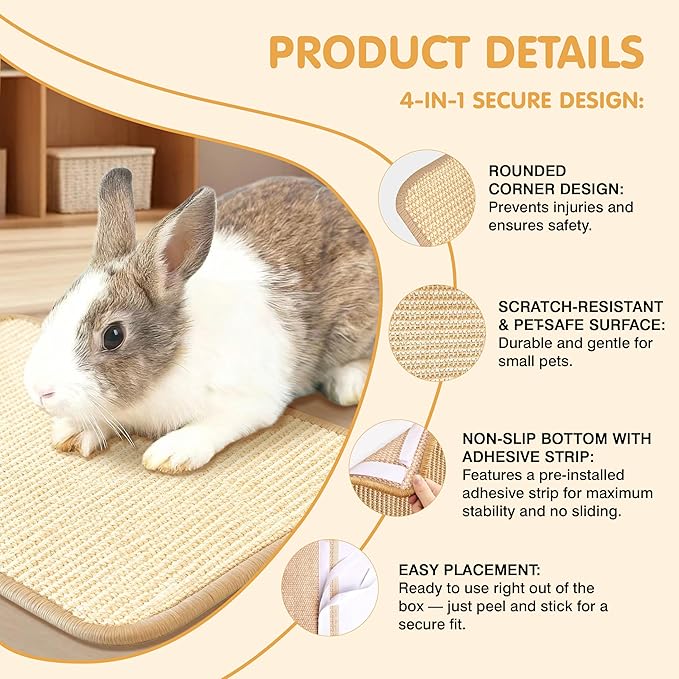 Rabbit Toys & Bunny Mat, Natural Sisal Nesting Pad Scratching Pad for Indoor Cage, 2-in-1 Bedding Mat & Chew Toy for Teething & Play, Helps Nail Health (2PCS, 16x12in)