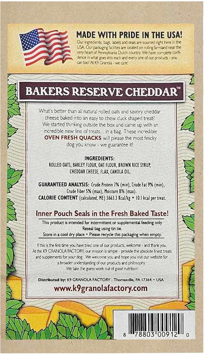 K9 Granola Factory Bakers Reserve Cheddar Quacks Dog Treats, 10 Ounces, Wheat Corn and Soy-Free