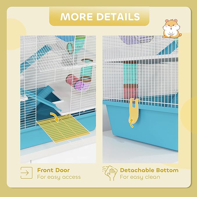 PawHut 4 Tier Hamster Cage, Large Twin Tower Design Gebril Cage with Exercise Wheel, Tubes, Hut, Ramps, Food Dish, Water Bottle, 22.8" x 14.2" x 25.6", Light Blue