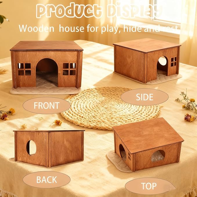 Wooden Guinea Pig Hideout, Small Animal Houses Habitats, Large Hideout House for Small Rabbit Chinchilla Gerbil, Sturdy Hamster Hideout Bed Hutch Bunny Cage