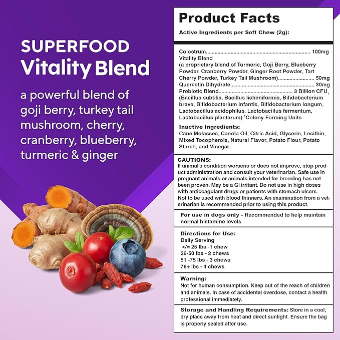 VitaFusion Probiotics for Dogs, Gut & Digestive Health Support with Colostrum & Quercetin, Immune & Seasonal Allergy Support, Superfood Vitality Blend, Beef Flavor120 Soft Chews.