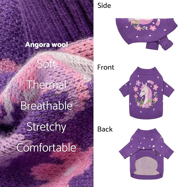 Fitwarm Adorable Unicorn Dog Sweater, Thermal Dog Winter Clothes for Small Dogs Girl, Pet Outfit, Purple, Pink, White, Large