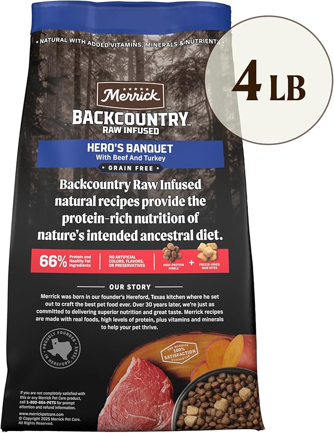 Merrick Backcountry Grain Free Dry Adult Dog Food, Kibble With Freeze Dried Raw Pieces, Hero’s Banquet Recipe - 4.0 lb. Bag