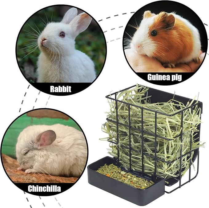 Rabbit Hay Feeder Guinea Pig Hay Feeder with Hook Heavy-Duty Metal Frame Upgrades Hay Rack，Reduce Waste Hay Holder,for Bunny,Rabbit,Chinchilla,Guinea Pig Cage Accessories-6.8x6.7x6.6inch（Black）