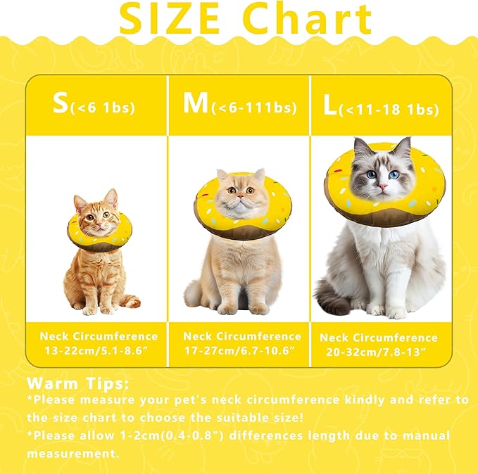 Seyezo Cat Cone Collar Soft, Adjustable Cat Recovery Collar Kitten Cones to Stop Licking, Cute Donut E Collar After Surgery, Cats Neck Pillow Cone Elizabethan Cones of Shame (Waterproof Yellow, Large)