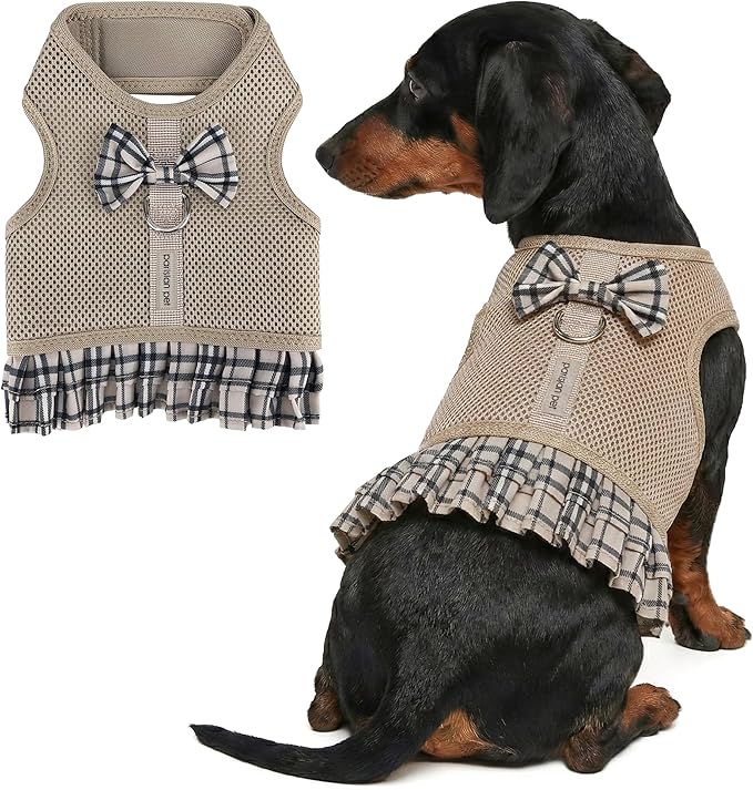 Parisian Pet Plaid Khaki Dog Harness Dress - Breathable No Pull Puppy Dress with Leash Ring - 100% Mesh Fabric Harnesses for Dogs - Soft Padded Step in Pet Vest - Dog Harness for Large Sized Dogs