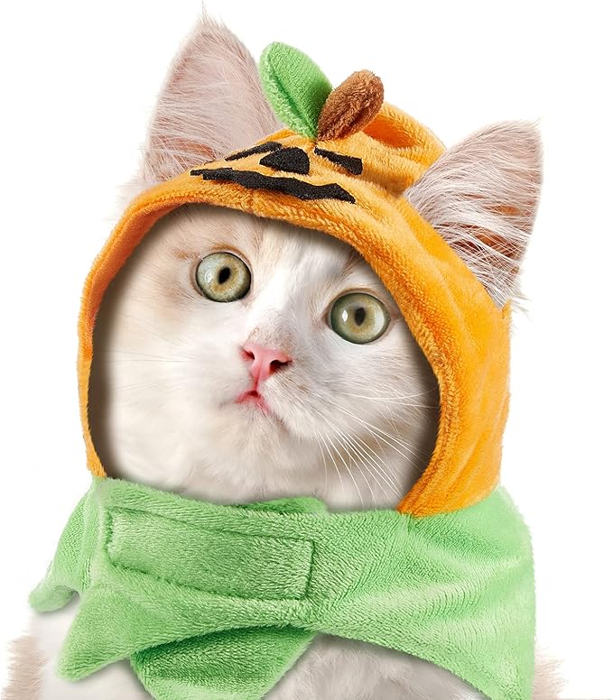 Xuniea 2 Pieces Halloween Pumpkin Cat Hat - Adjustable Pumpkin Cat Costume Cap for Pet Cats and Kittens
