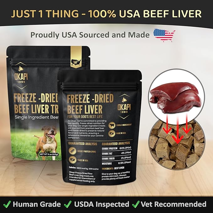 Okapi Freeze-Dried Beef Liver Dog Treats – 100% Single Ingredient, High-Protein Training Treats, Grain-Free, Made in USA + 1 Bonus Poop Bag Roll (20 Bags)