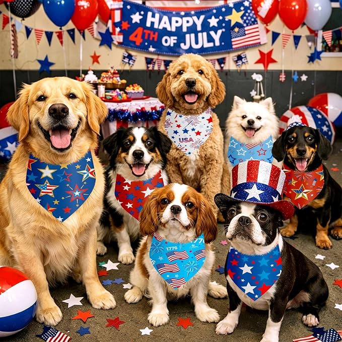 Shyyween 100 Pcs Patriotic Dog Bandanas Bulk Memorial Day Bandanas for Dogs Triangle Scarf Set for 4th of July 1776 Red White and Blue for Small Medium Large Outfit(Star, 25.6 x 17.7 x 17.7 Inch)