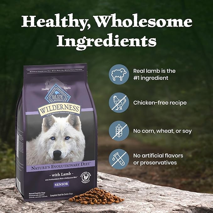 Blue Buffalo Wilderness 31 g Protein, Meat Rich Natural Dry Senior Dog Food, Lamb, Chicken-Free Formula, 4.5lb Bag