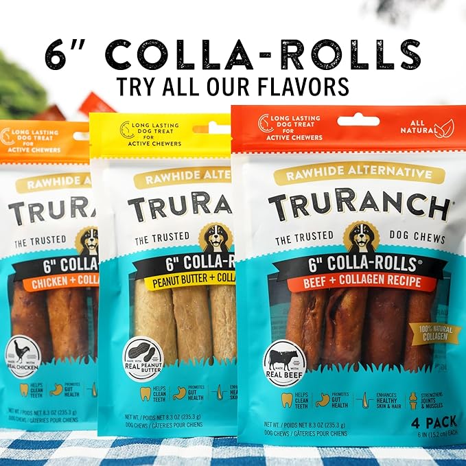 TRURANCH Collagen Rolls - 6" Collagen Rolls for Dogs - Long Lasting Healthy Joint Support - Rawhide Alternative - Skin & Coat Health - Made with Real Beef, Value Pack, 15 Bags, 60 Count