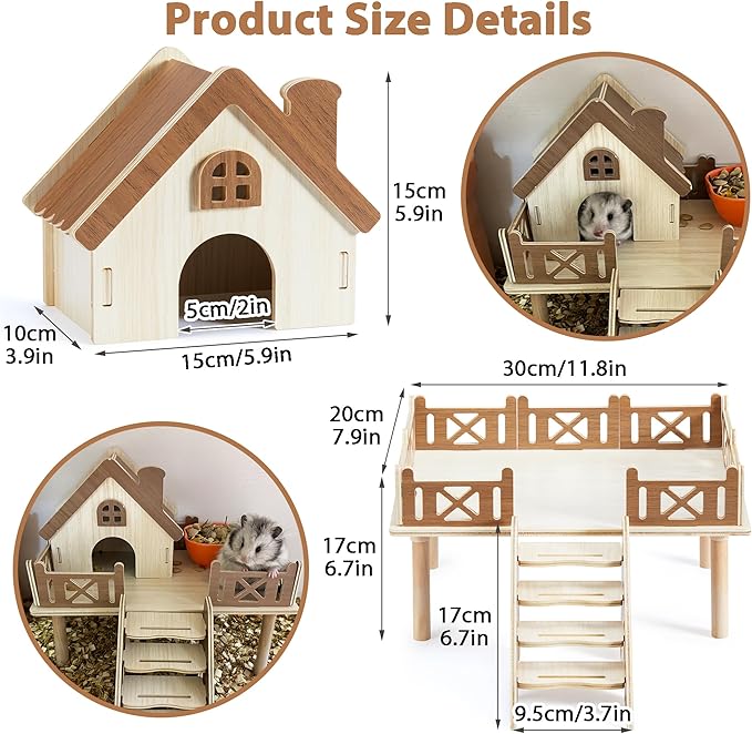 Wooden Hamster Platform and Dwarf Hamster House, Hamster Cage Platform With Climbing Ladder, Cute Syrian Hamster Hideout, Hamster Cage Accessories Platform for Putting Food Bowl, Hamster Gerbil Castle