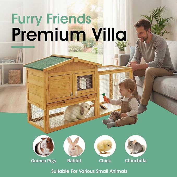 Wooden Rabbit Hutch Indoor and Outdoor, Large Rabbit Cage Chicken Coop Expandable, Weatherproof Bunny Cage with Anti-Chew Metal Frame Ramp for Backyard Small Animals Natural