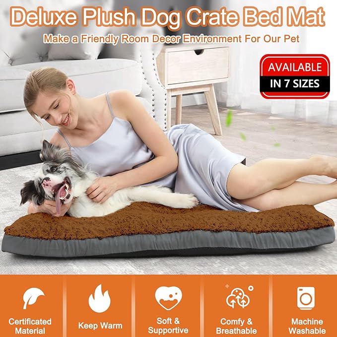 POCBLUE Deluxe Washable XXL Dog Bed for Large Dogs Dog Crate Mat 47 Inch Comfy Fluffy Kennel Pad Anti-Slip for Dogs Up to 110 lbs, 47" x 29", Brown