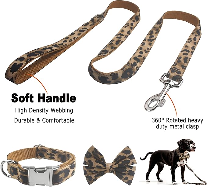 YOY Soft Comfortable Adjustable Leopard Print Pet Collar with Bowtie, Heavy Duty Dog Collar and Leash Set for Small Medium Large Dogs Cats, Puppy Grooming Doggy Accessories, Length 18" - 26"