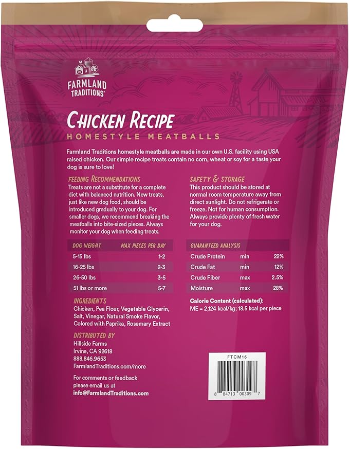Farmland Traditions Chicken Recipe Homestyle Meatballs, Natural Dog Treats Made in the USA for All Breeds & Sizes, 1-Pound Bag