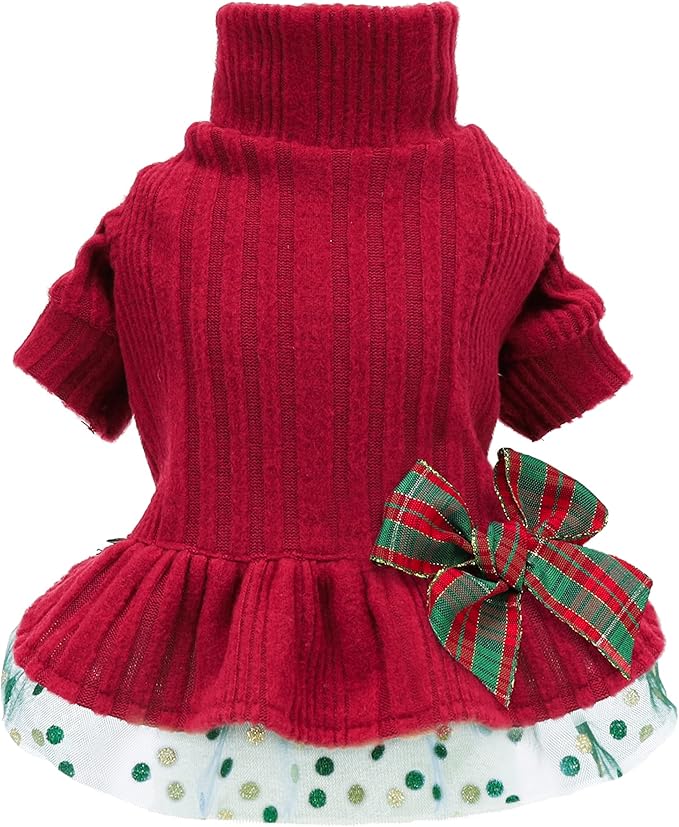 Fitwarm Christmas Outfit, Knitted Tulle Sweater Dress, Winter Clothes for Small Dogs Girl, Female Pet Apparel, Red, Green, Small
