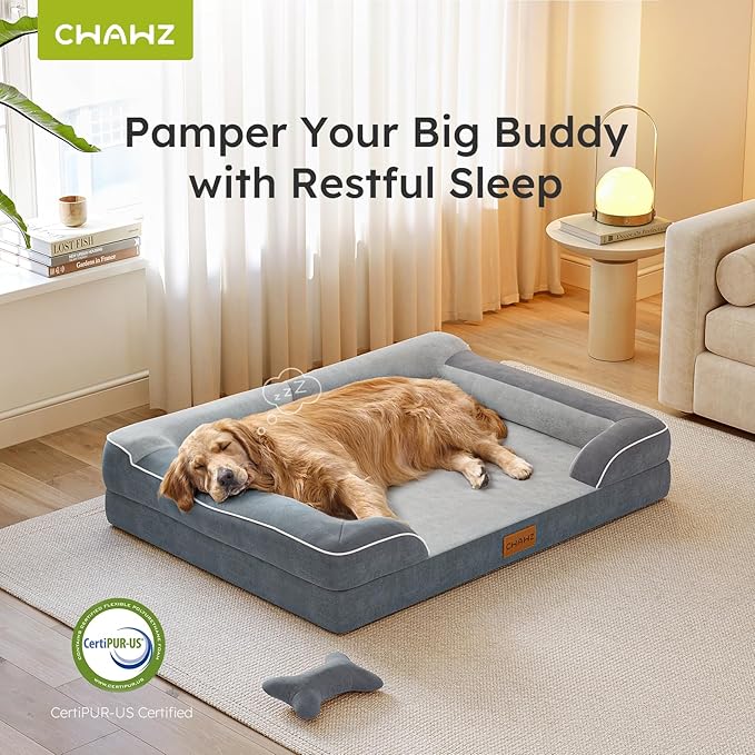 Dog Beds for Large Dogs, Orthopedic Dog Bed with Cooling Gel Memory Foam, Waterproof Large Pet Bed with Removable Washable Cover, 36" Pet Sofa Couch Dutch Velvet with Bone Toy, Dark Gray