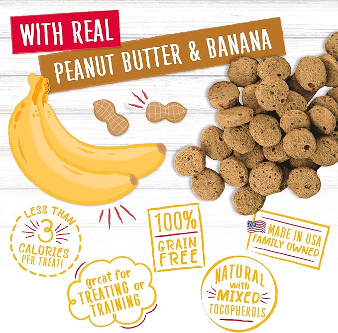 Charlee Bear Crunchy Dog Training Treats, Low Calorie (3 Kcal), Grain Free Natural Mini Dog Treats for Puppies, Small, Medium & Large Dogs, USA Made, Healthy Peanut Butter-Banana Flavor 8oz (4-Pack)