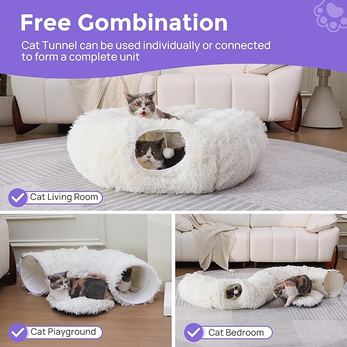 Cat Tunnel with Bed – Soft Plush Peekaboo Donut Cave for Indoor Cats | Under Christmas Tree Hideaway & Multifunctional Playground Toy for Kittens, Rabbits, Ferrets (Long-Pile Fabric White)