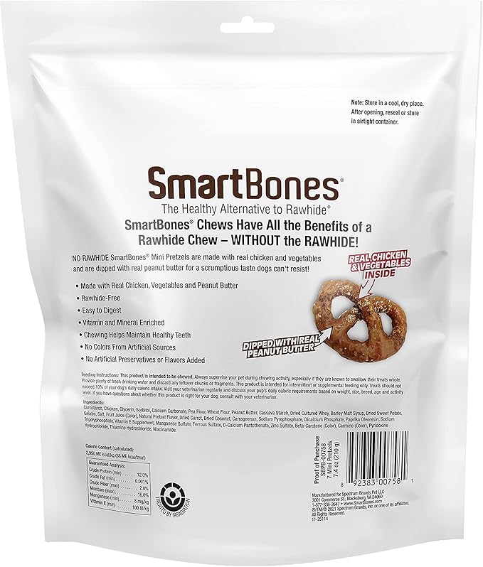 SmartBones Mini Pretzels Dipped With Real Peanut Butter, 7 Count, Rawhide-Free Chews For Dogs, (Pack of 6), Count: 42
