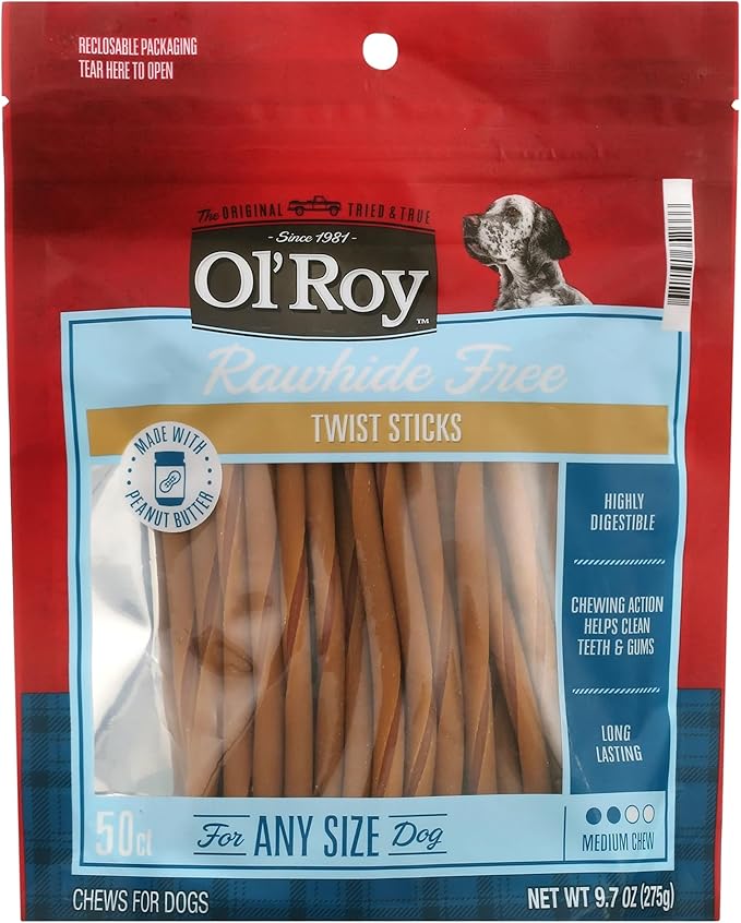 Rawhide-Free Peanut Butter Twist Sticks, 50 Count, Made with Real Chicken and Peanut Butter, Highly Digestible, Long-Lasting, Medium Chew, Helps Clean Teeth and Gums, for Dogs