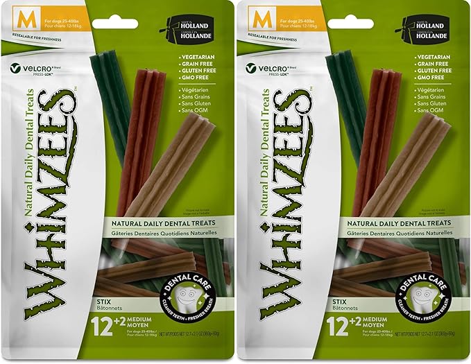 Whimzees Natural Dental Care Stix Dog Treats Medium - 14 count - (Dogs 25-40 lbs) - Pack of 2