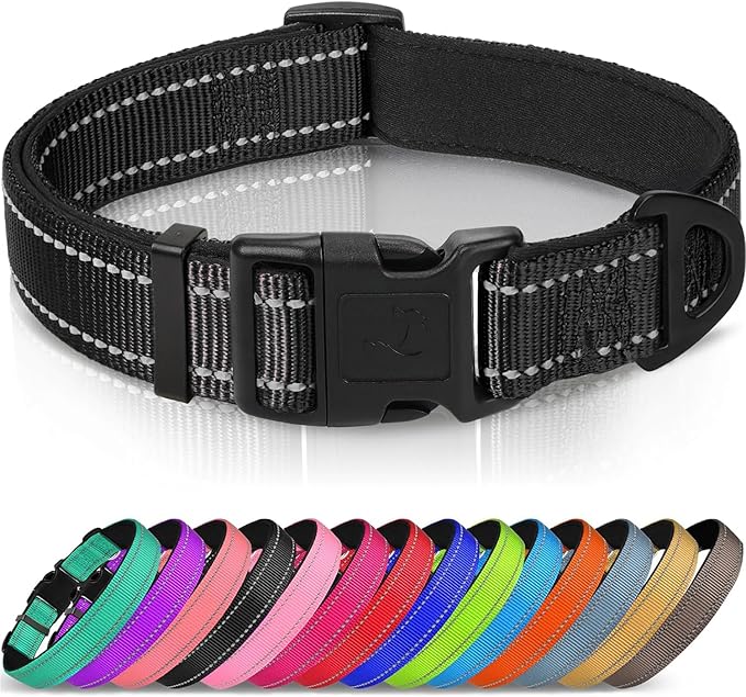 Joytale Reflective Dog Collar, Soft Neoprene Padded, Metal D-Ring, Nylon Pet Collar Adjustable for Large Dogs, Black, L